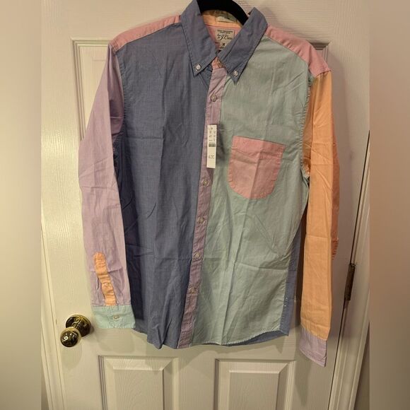 NEW J Crew Organic Cotton Slim Medium Poplin Colorblock Long Sleeve Button Up - Picture 1 of 6